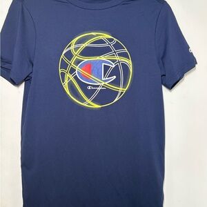 Champion Blue and Yellow Short Sleeve Tee with Graphic Design
